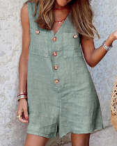 Cotton and Linen V-Neck Button Patch Pocket Jumpsuit