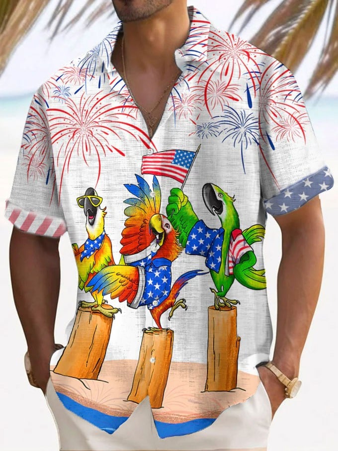 Men's Resort Style Flag Parrot Printed Shirt