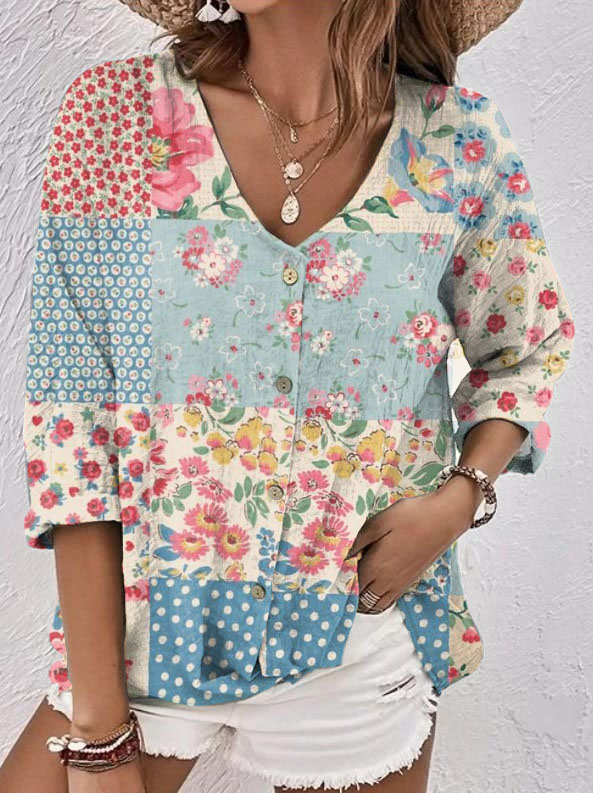 Women's Vintage V-Neck Bohemian Contrast Floral Button-Down Shirt