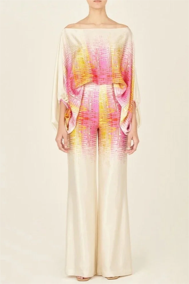 Unique Print Off-The-Shoulder Top And Loose Wide-Leg Pants Set