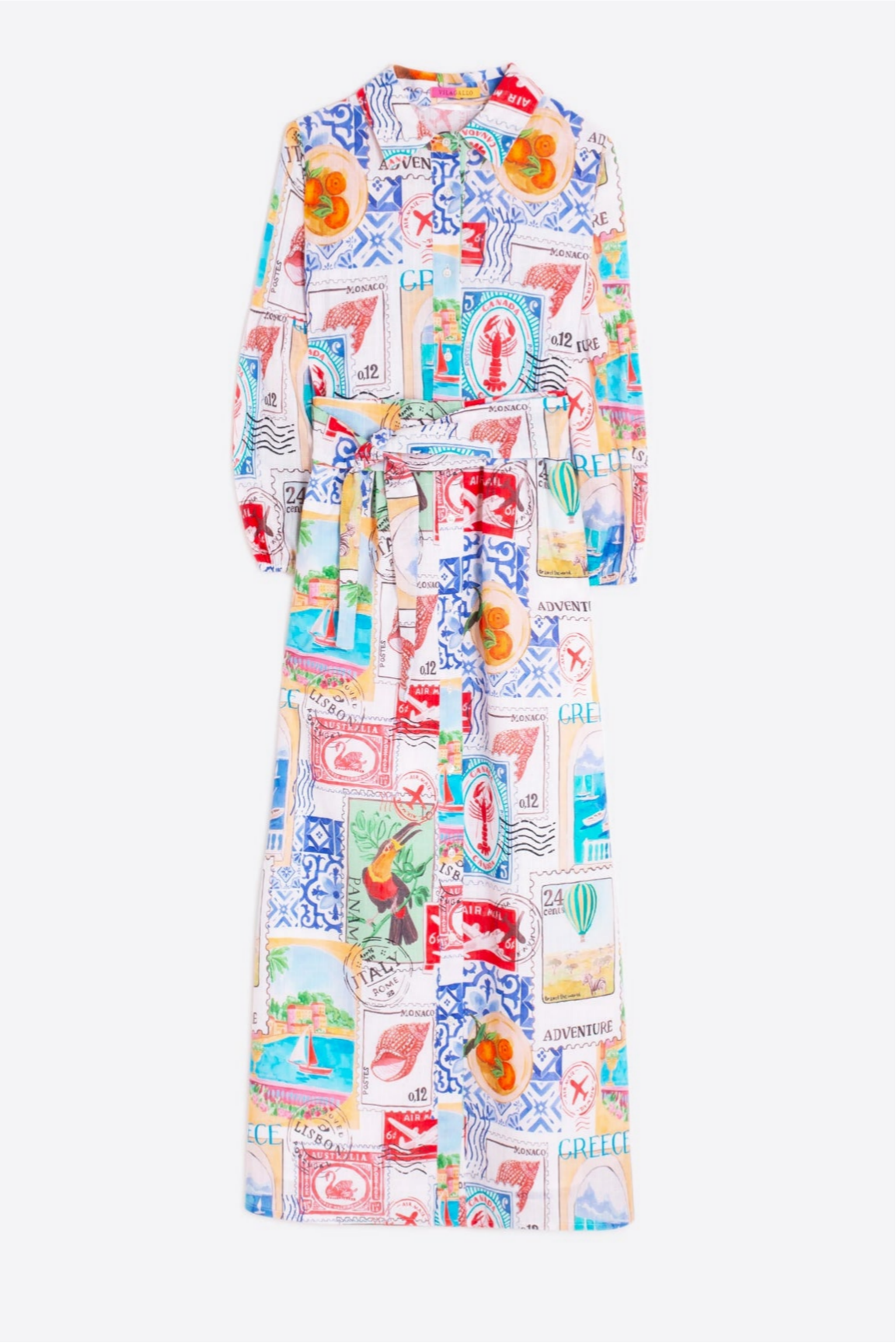 Stamp Print Belted Maxi Shirt Dress