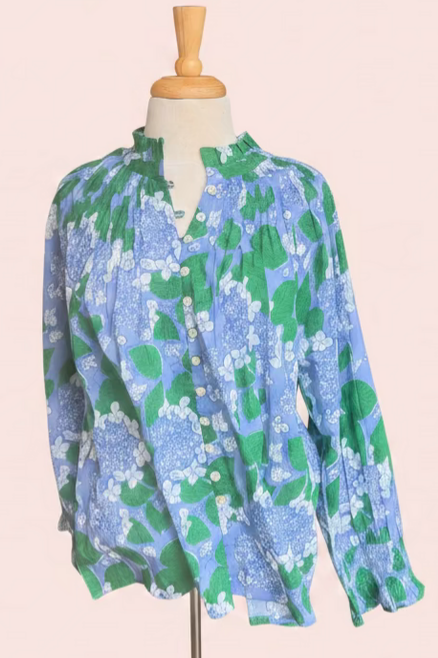 Blue-Green Toned Hydrangea Embroidered Long-Sleeve Top