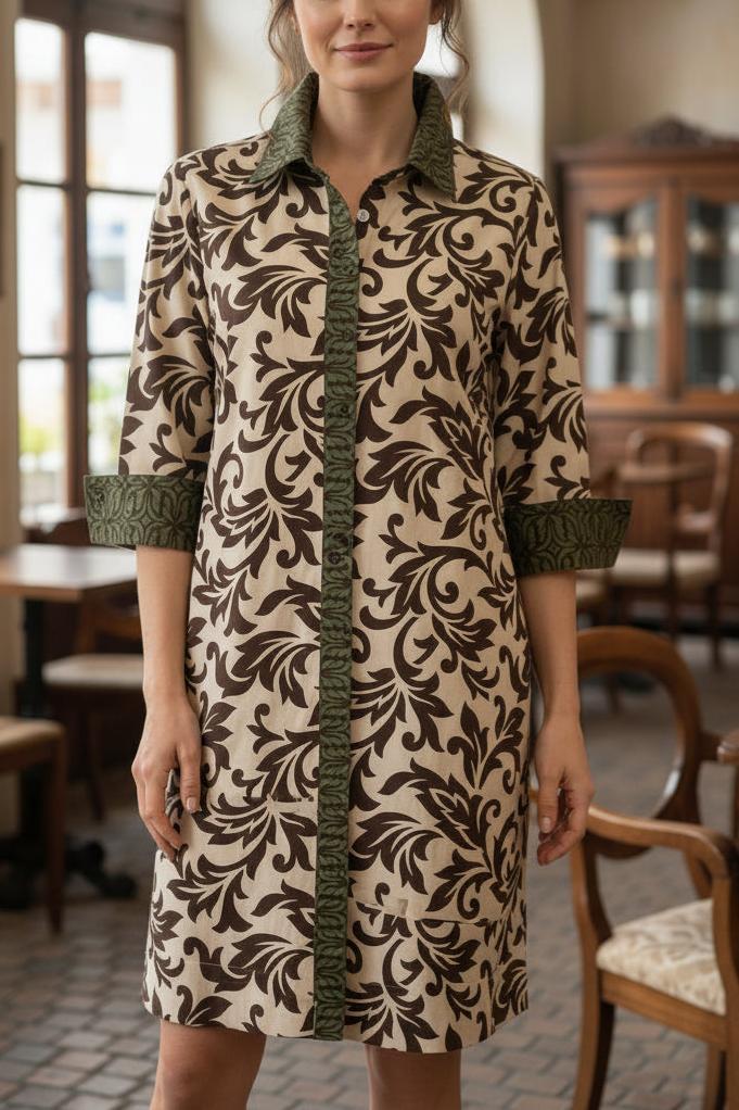 Floral Contrast Green Trim Shirt Dress