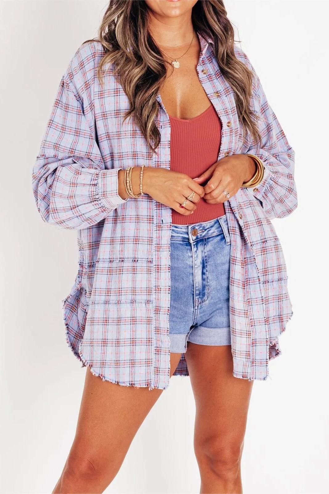 Button Down Mineral Washed Round Frayed Hem Plaid Shirt