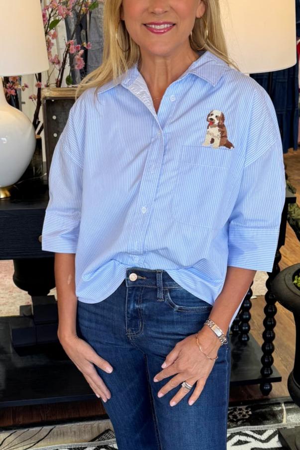 Light Blue Top with Embroidered Puppy