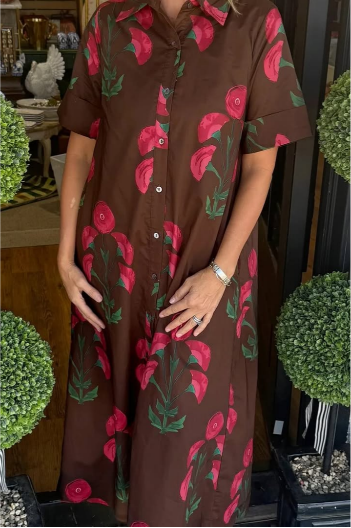 Floral Print Short Sleeve Shirt Maxi Dress