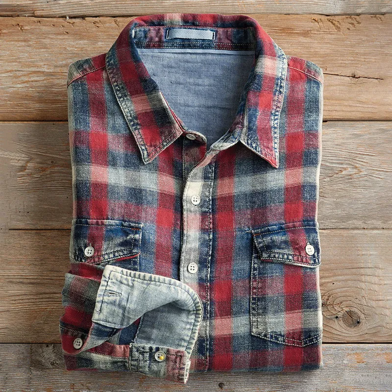 Check Pocket Wash Denim Shirt-Blue