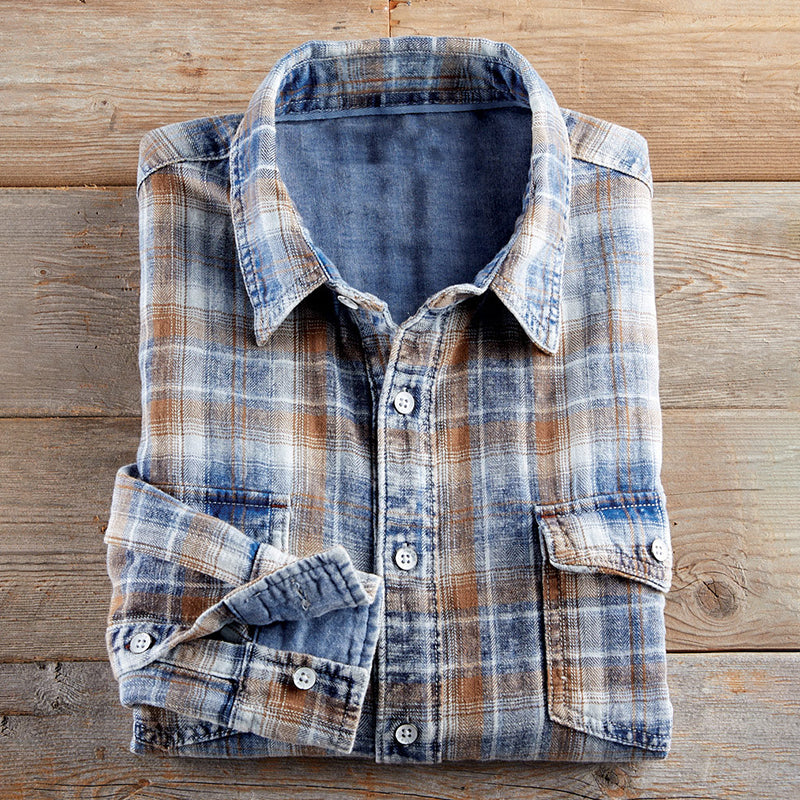 Check Pocket Wash Denim Shirt-Blue