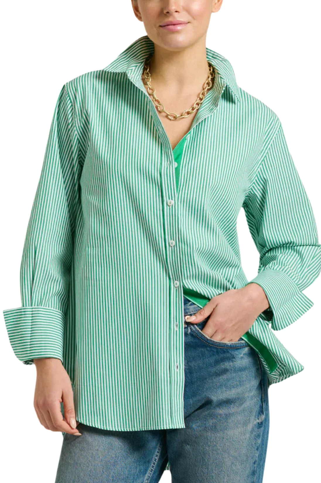 Relaxed Fit Green & White Striped Cotton Tunic Blouse