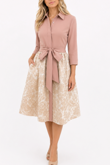 Mauve Rosegold Brocade Contrast Shirt Midi Dress