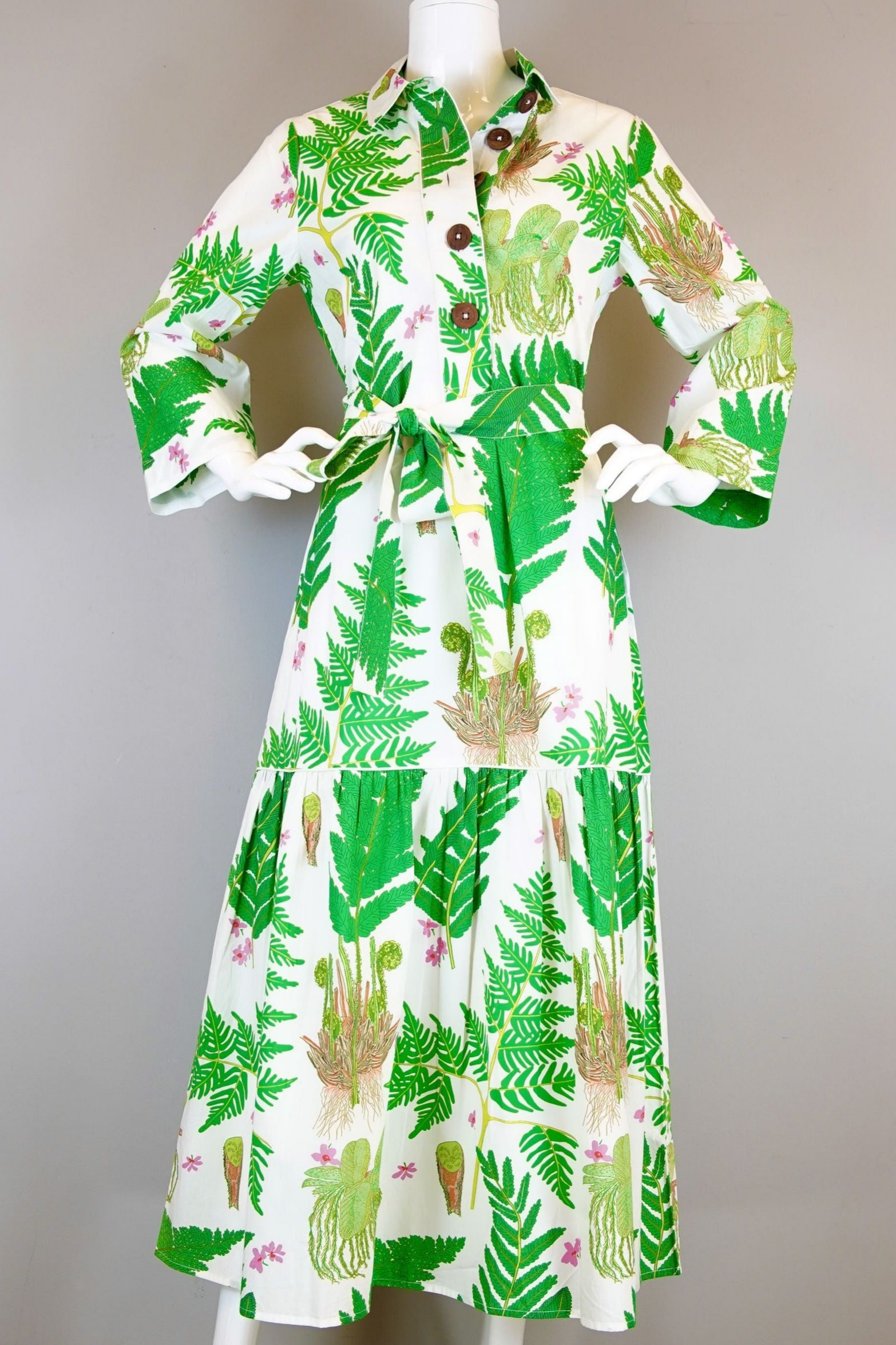 Green Fern Print Tiered Shirt Maxi Dress