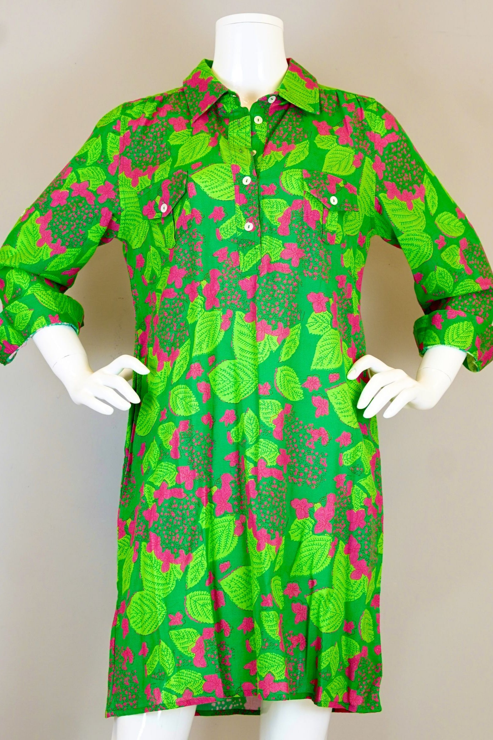 Button-Front Floral Print 3/4 Sleeve Shift Shirt Dress