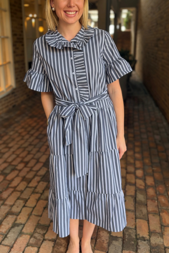 Striped Ruffle Collar Tiered Midi Dress
