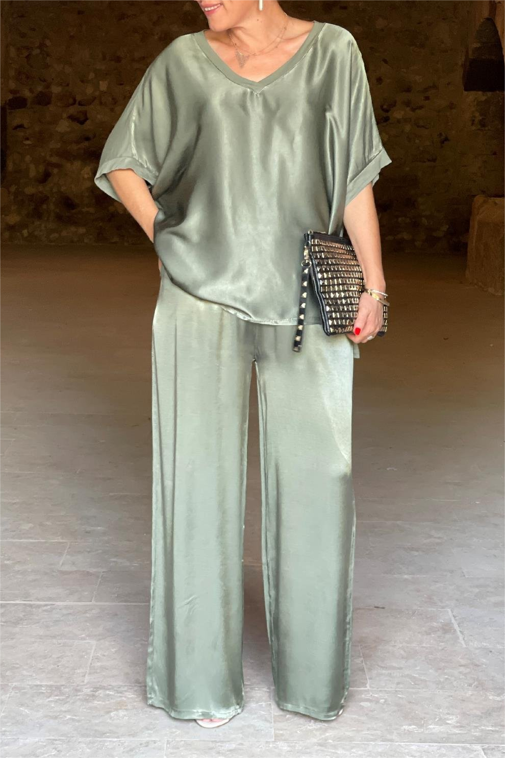 Women's Autumn Loose V-Neck Casual Tops Wide Leg Pants Fashion Suit