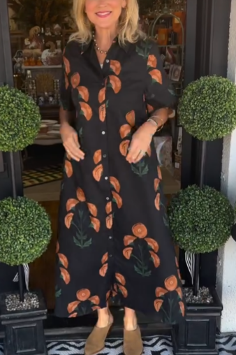Floral Print Short Sleeve Shirt Maxi Dress