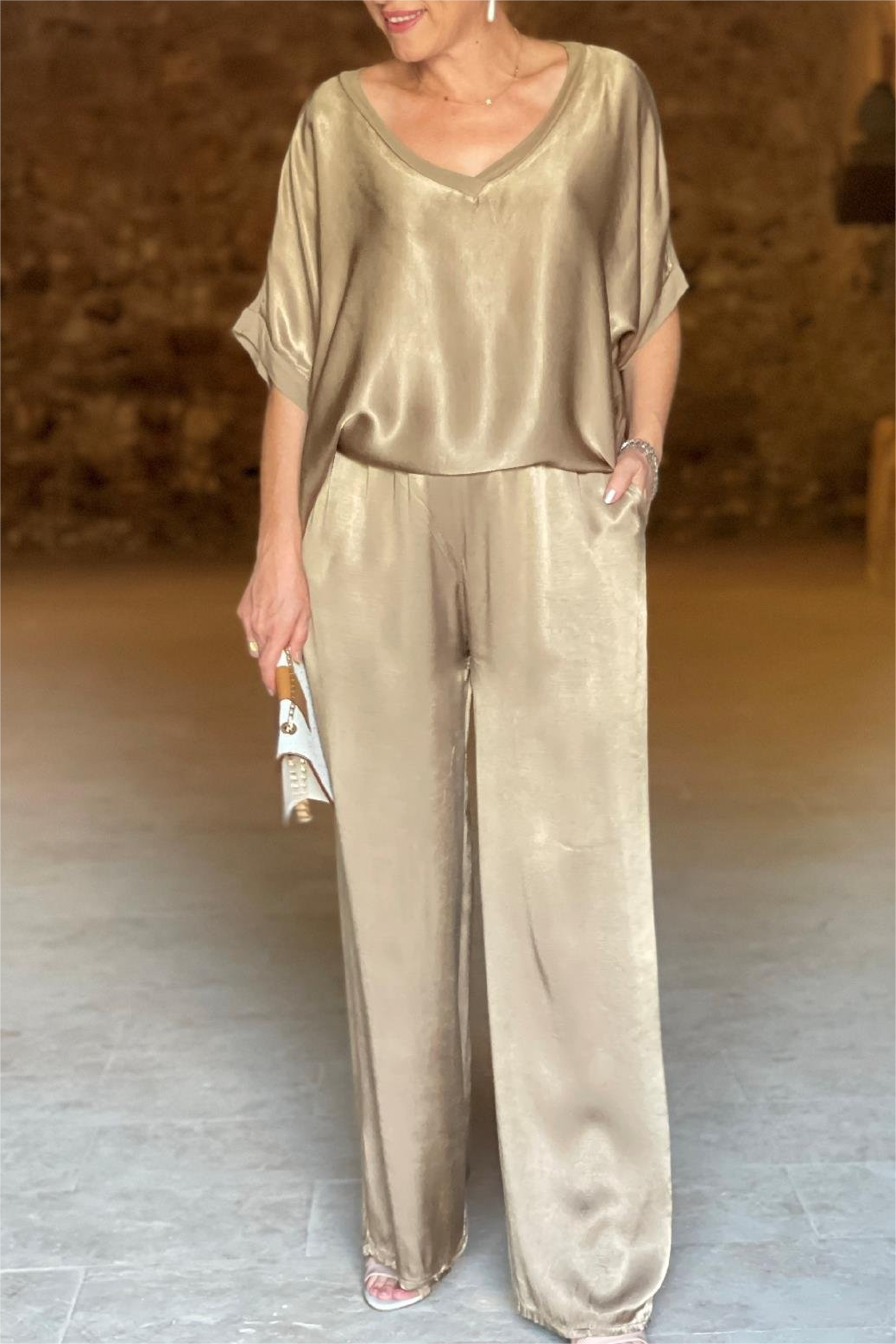 Women's Autumn Loose V-Neck Casual Tops Wide Leg Pants Fashion Suit