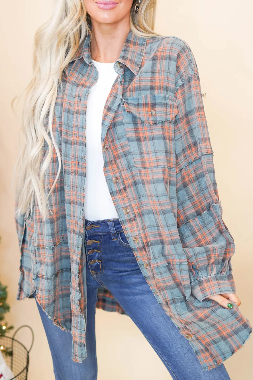 Button Down Mineral Washed Round Frayed Hem Plaid Shirt