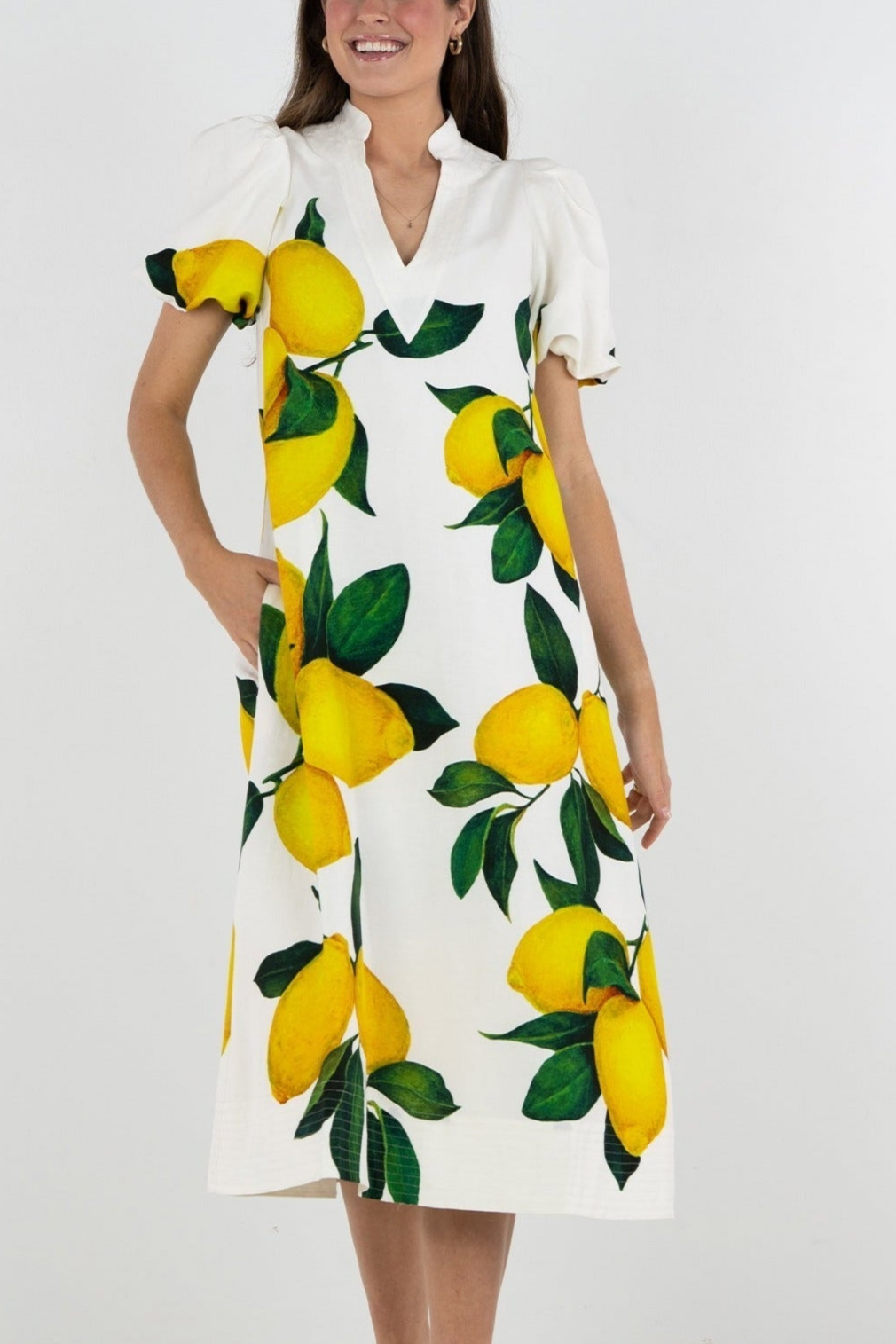 Lemon Print Puff Sleeve Midi Dress 