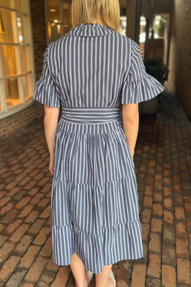 Striped Ruffle Collar Tiered Midi Dress