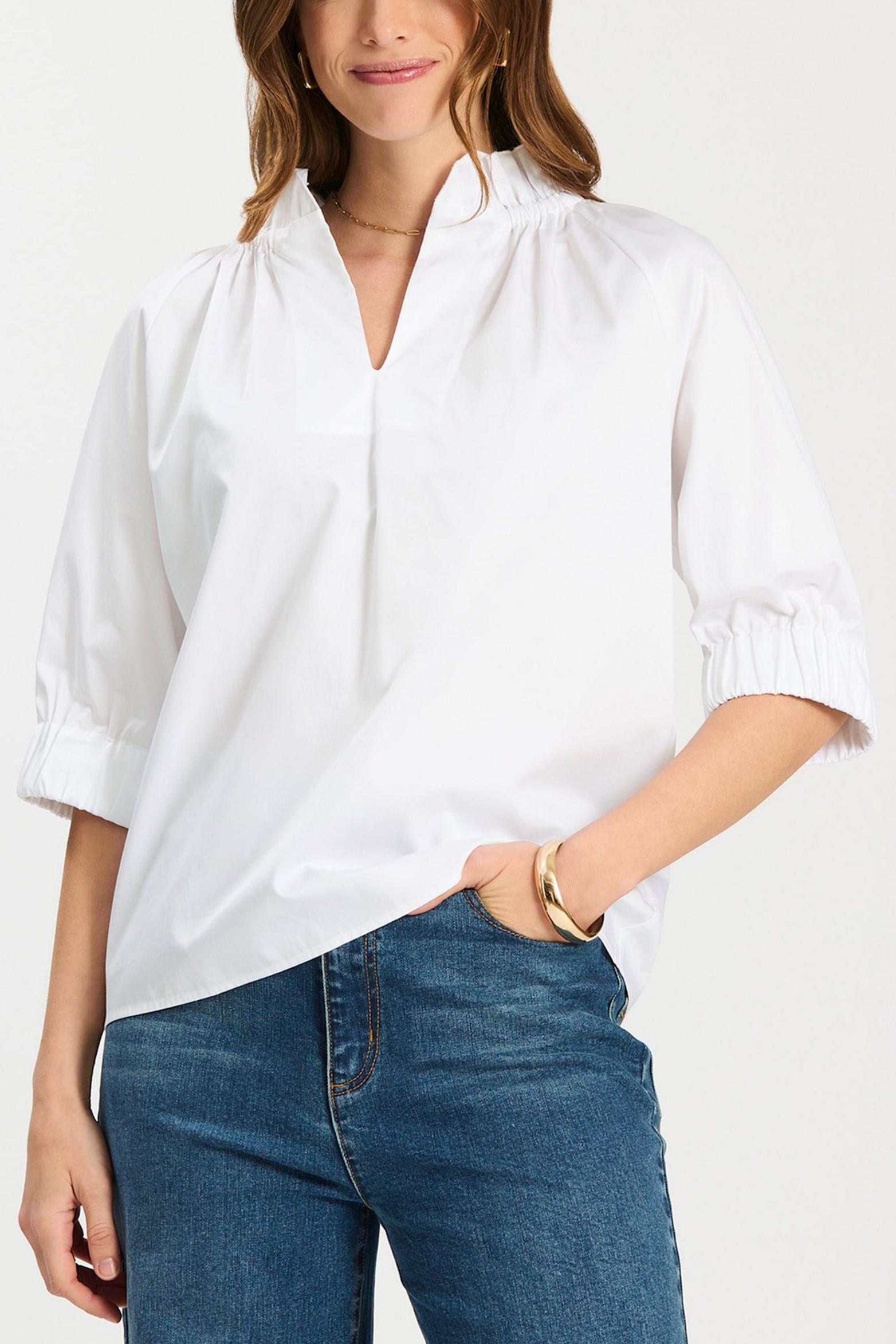 White V-Neck Elbow Sleeve Blouse