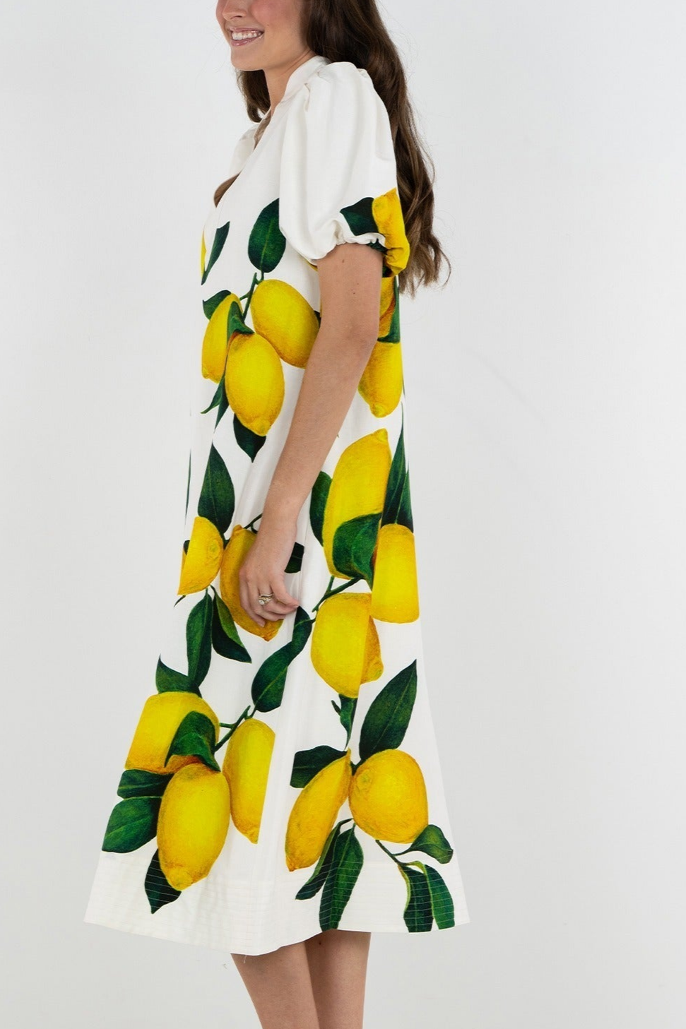 Lemon Print Puff Sleeve Midi Dress 