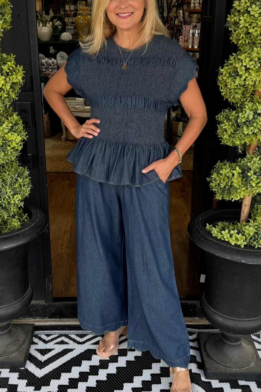 Denim Smocked Peplum Set
