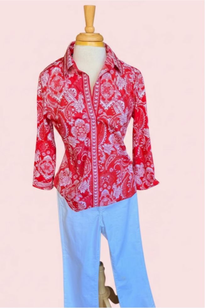 Paisley Print 3/4 Sleeve Button-Down Shirt