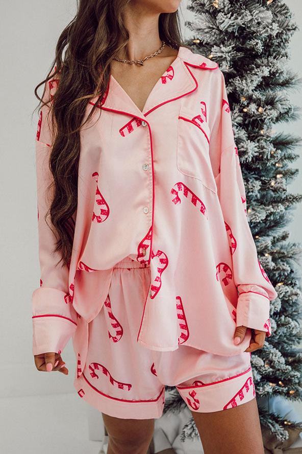  Candy Cane Print Pajama Set