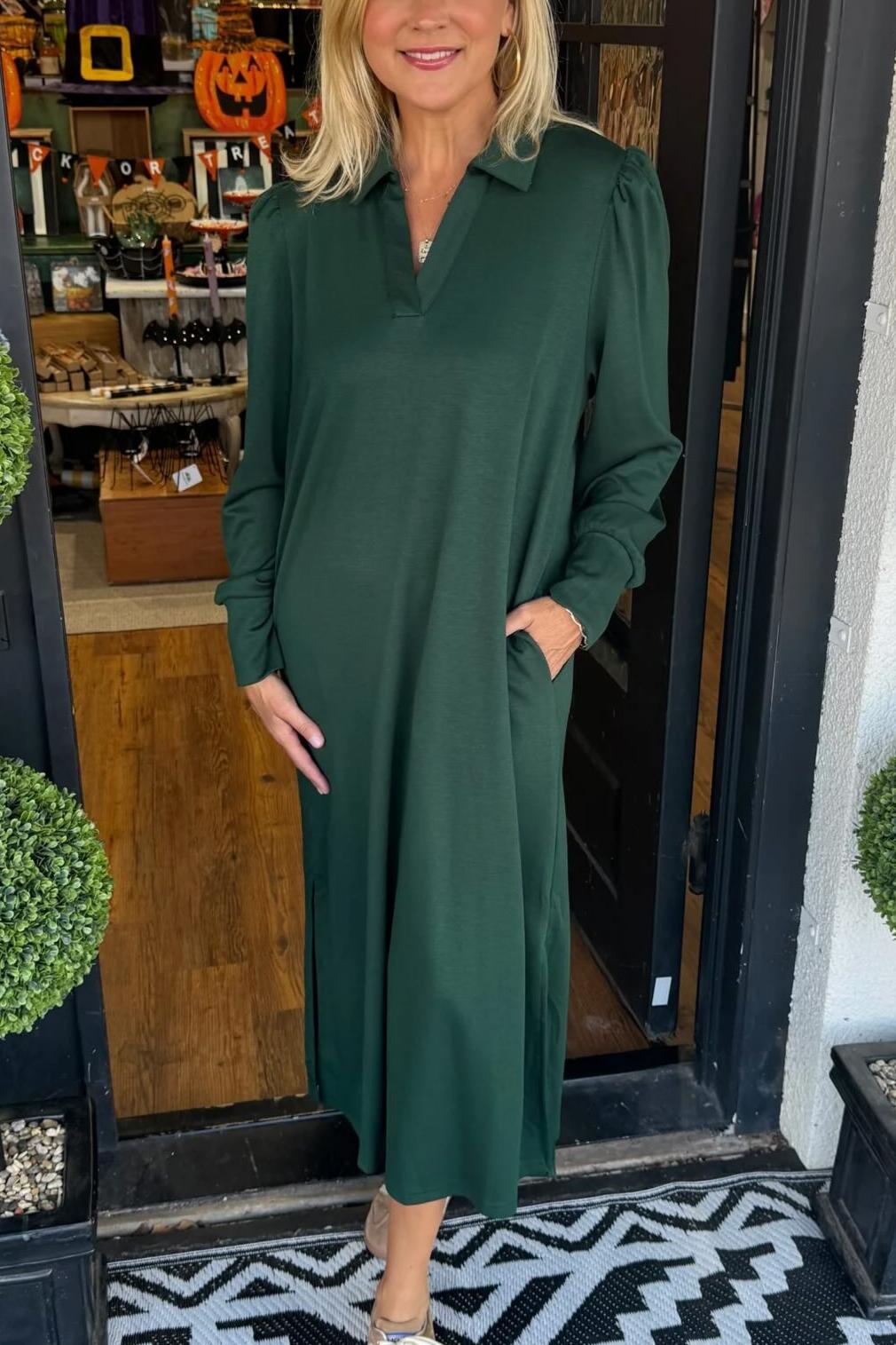 Elegant Collared Silky Midi Dress with Puffed Shoulders