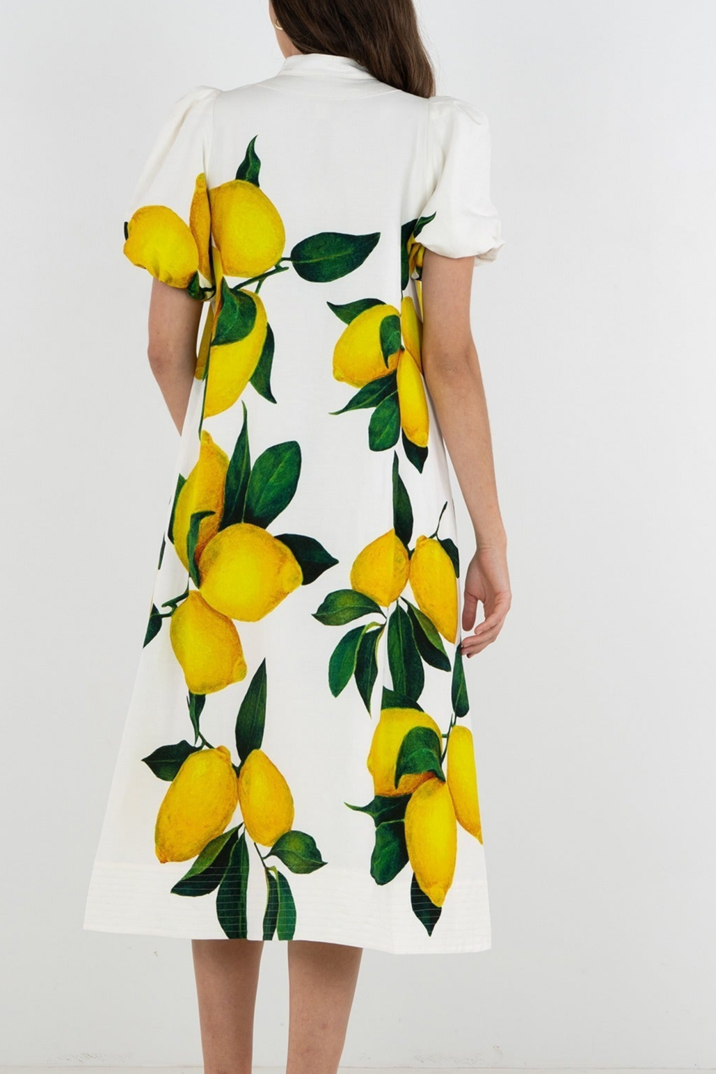 Lemon Print Puff Sleeve Midi Dress 