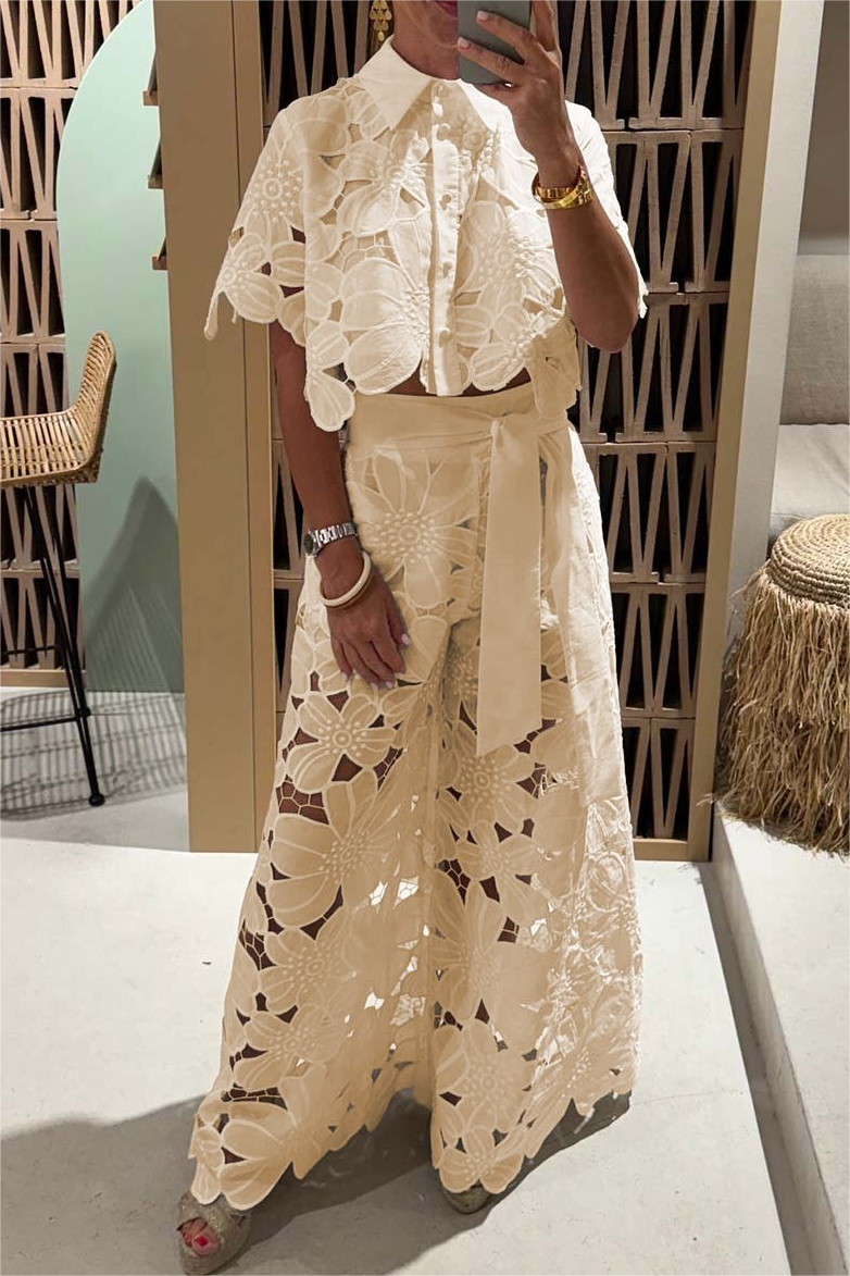 Casual Lace Blouse Wide Leg Pants Suit