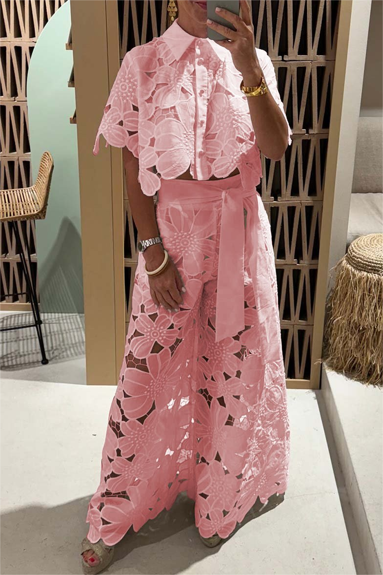 Casual Lace Blouse Wide Leg Pants Suit