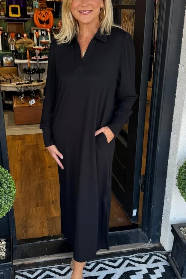 Elegant Collared Silky Midi Dress with Puffed Shoulders