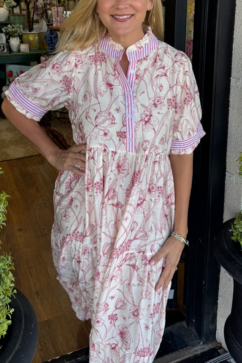 Floral Striped Trim Tiered Maxi Dress