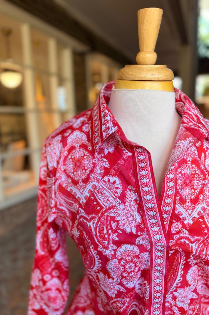 Paisley Print 3/4 Sleeve Button-Down Shirt