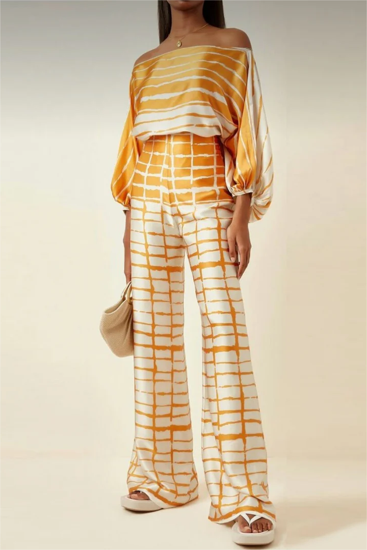 Unique Print Off-The-Shoulder Top And Loose Wide-Leg Pants Set