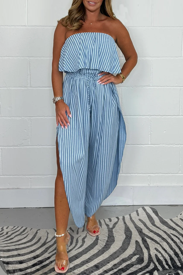 Bardot Frill Top Pinstripe Harem Style Tie Waist Jumpsuits