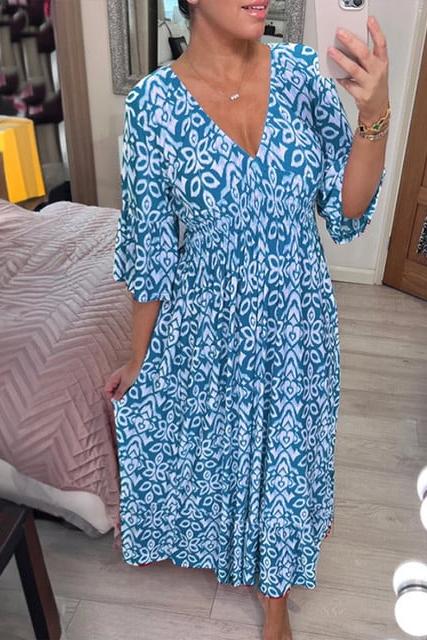 Bohemian Casual Print V-neck Shirred Waist Long Dress