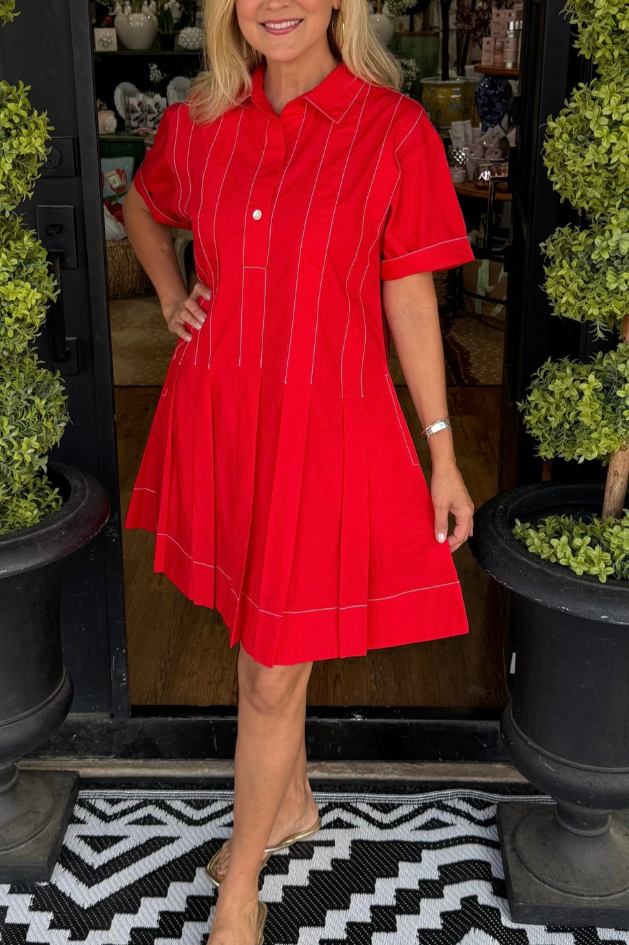 Red White Stitch Pleated Shirt Dress
