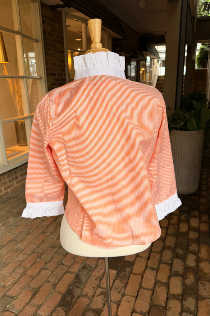 Ruffle Collar Striped 3/4 Sleeve Button-Down Blouse