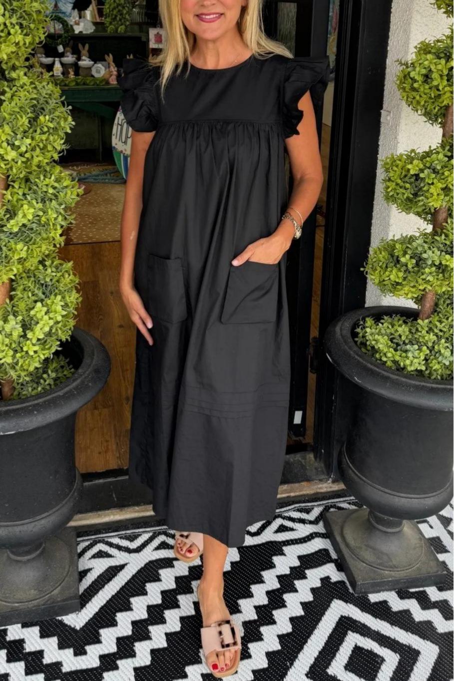 Flutter Sleeve Pocket Midi Shift Dress