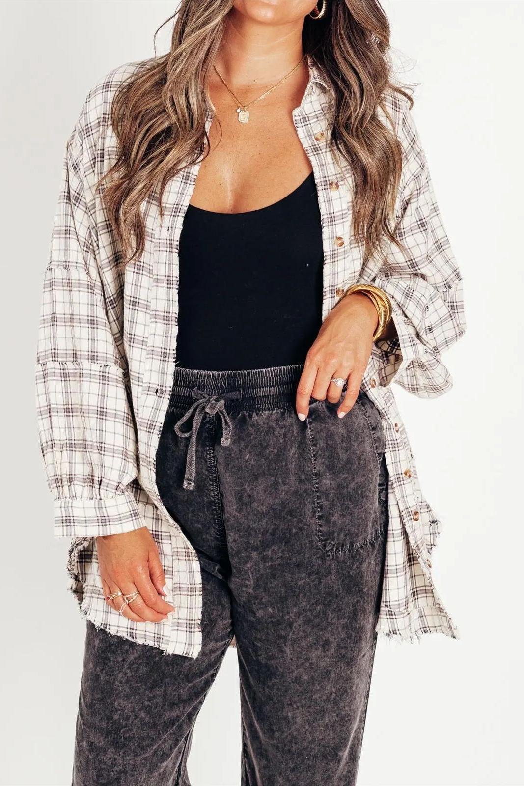 Button Down Mineral Washed Round Frayed Hem Plaid Shirt