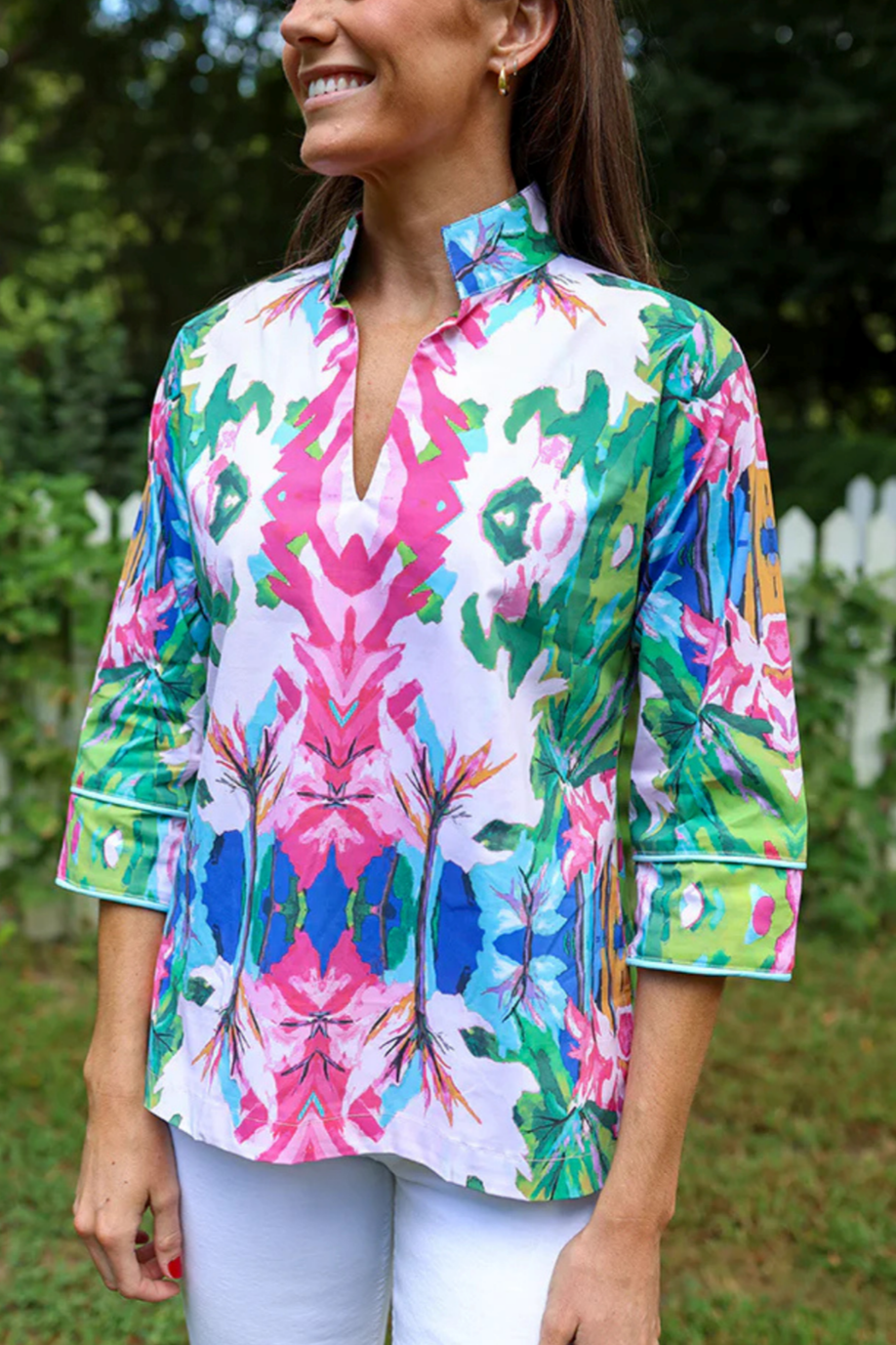 Watercolor floral stand-up collar top