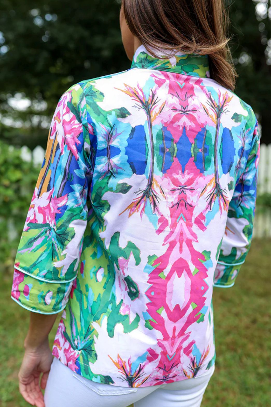 Watercolor floral stand-up collar top