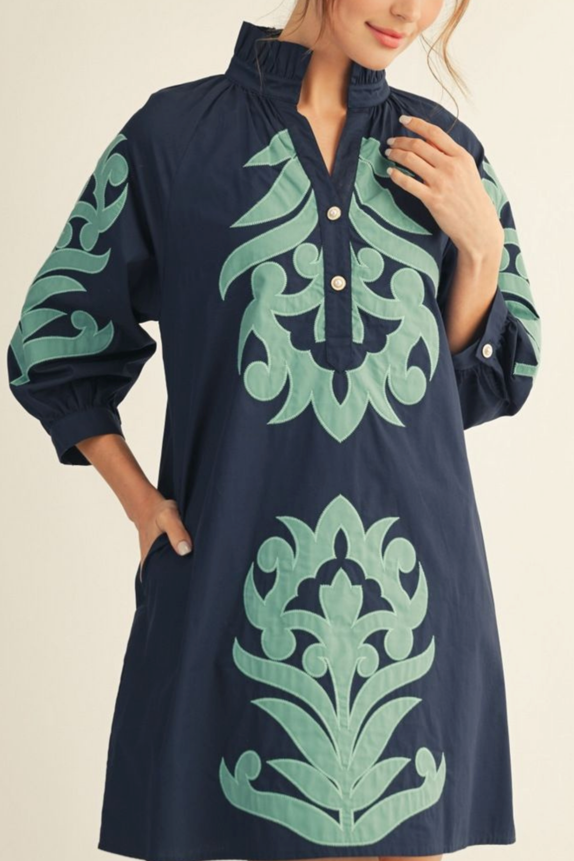 Embroidered stand-collar dress
