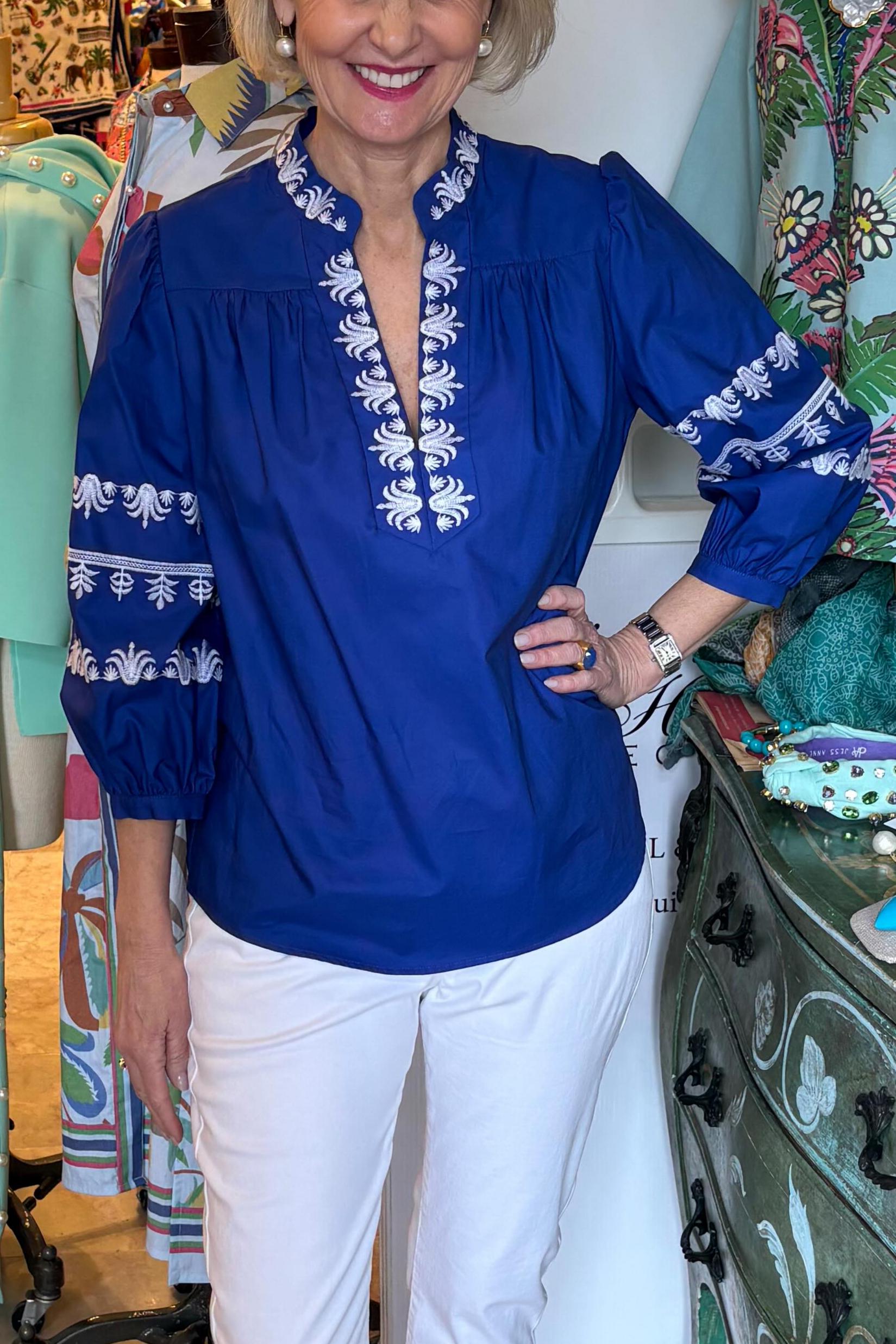 Blue and white embroidered puff sleeve Top