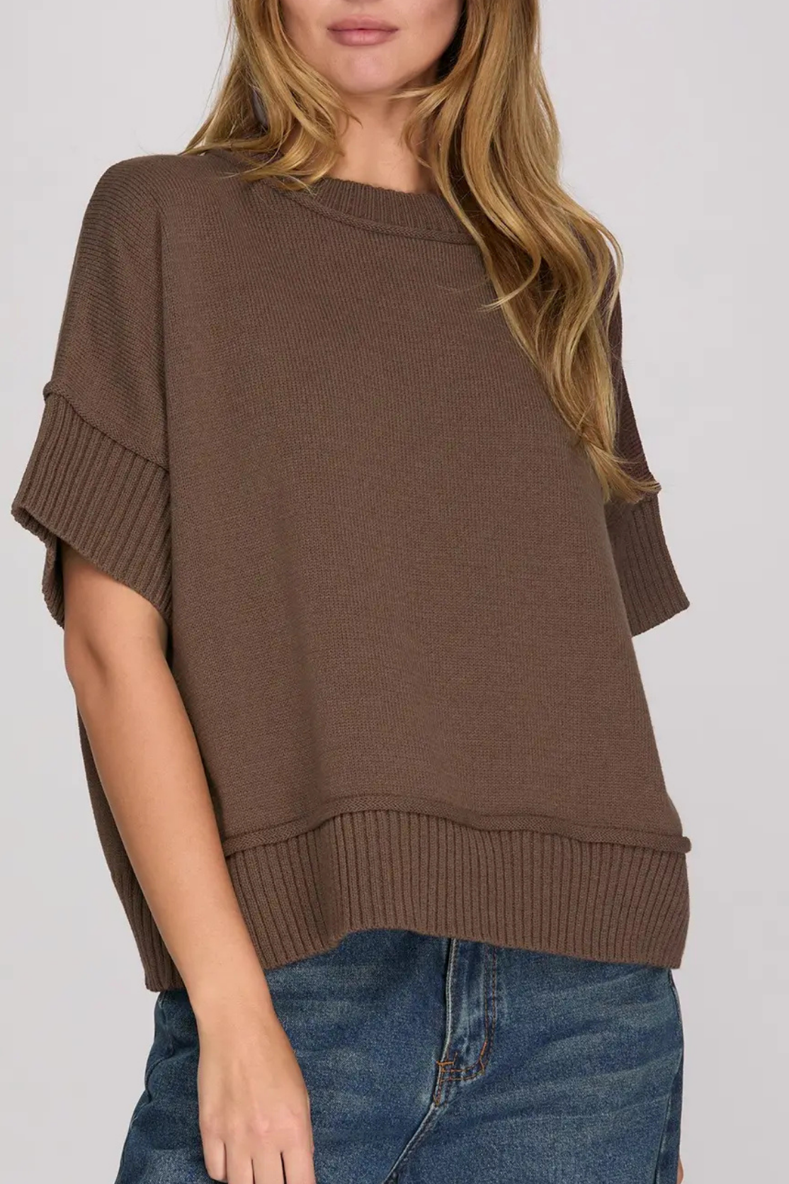 Drop Half Sleeve Crew Neck Sweater