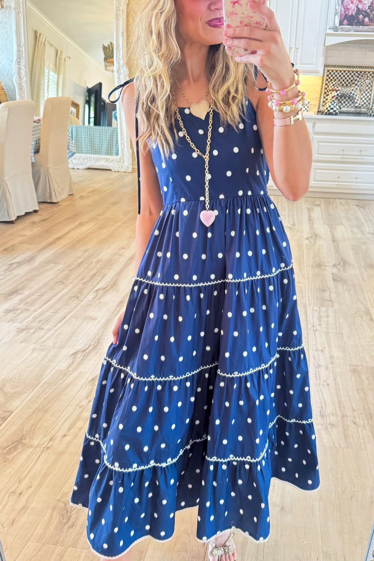 Navy Polka Dot Smocked Midi Dress