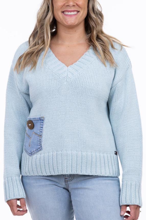 Handloomed Denim Pocket V-Neck Pullover