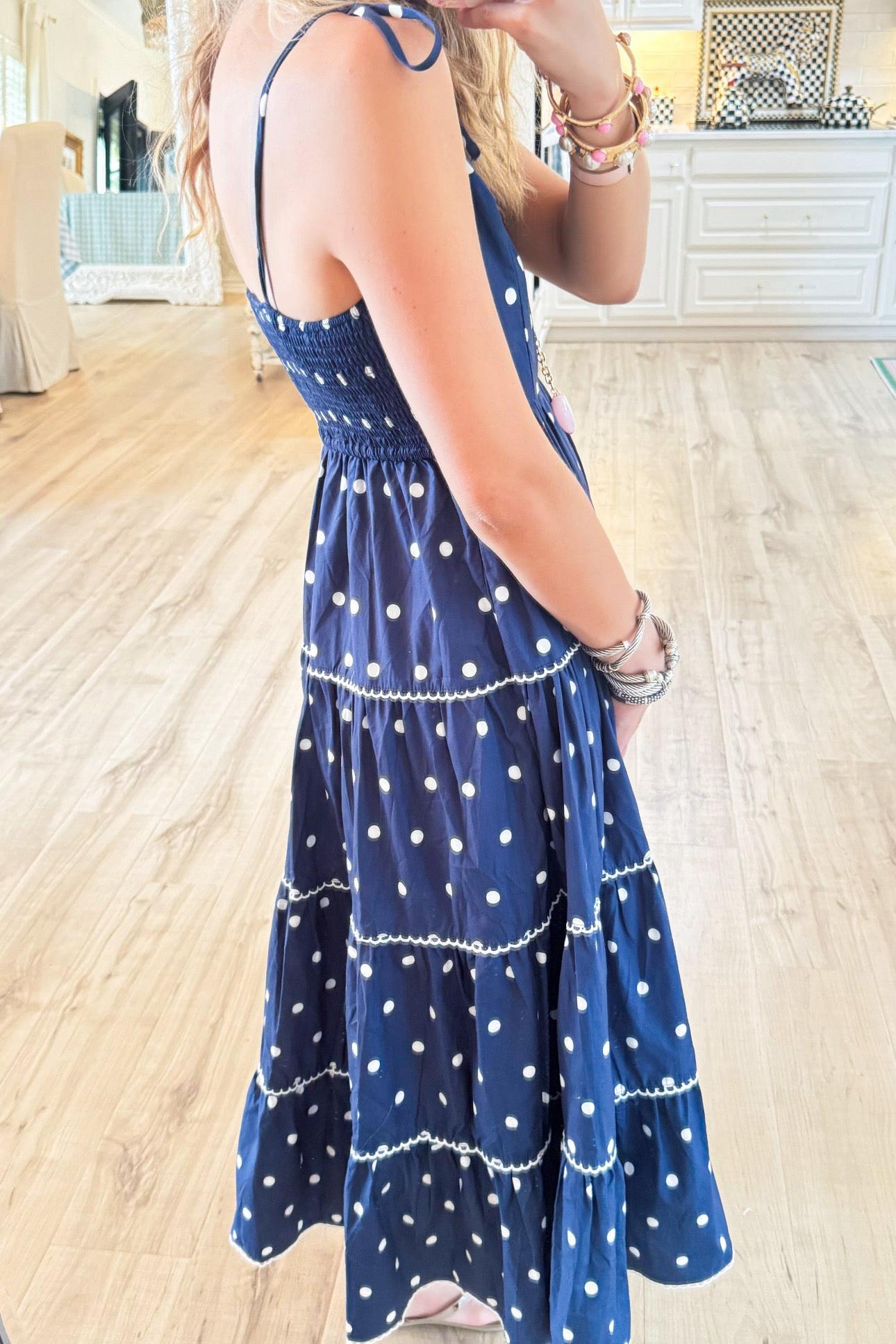 Navy Polka Dot Smocked Midi Dress